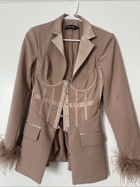 Lavish Alice Taupe Feather Cuff Corset Blazer